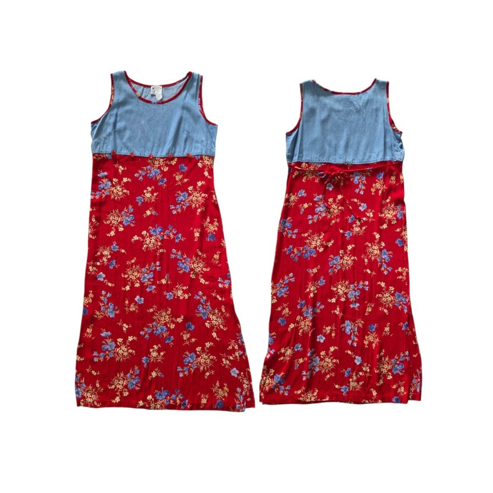 Vintage 90s Cottagecore Maxi Dress MP Blue Red Floral Made Hawaii Jumper Empire